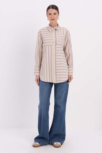 Allday 25DX51300AL0 Vizon-Lacivert Kadın Tek Cep Detaylı Boydan Düğmeli Gömlek