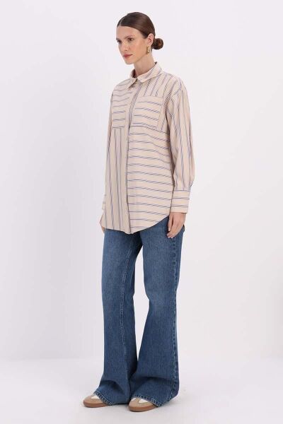 Allday 25DX51300AL0 Vizon-Lacivert Kadın Tek Cep Detaylı Boydan Düğmeli Gömlek