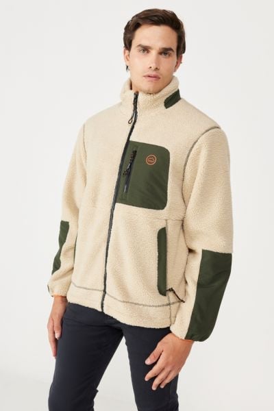 Wrangler W232218104 Ekru Erkek Boydan Fermuarlı İç Yün Kaplamalı Dıştan Çok Cepli Sperha Polar Ceket