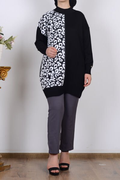 Armine 25YTD4110 Siyah Kadın Beyaz Leopar Detaylı Balıkçı Yaka Triko Tunik