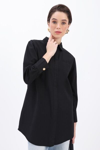 Allday 25DX51290AL0 Siyah Kadın Gizli Cepli Ve Gizli Düğme Detaylı Gömlek