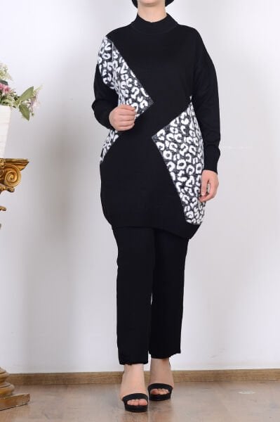 Armine 25YTD4109 Siyah Kadın Beyaz Leopar Desenli Yarım Balıkçı Yaka Triko Tunik