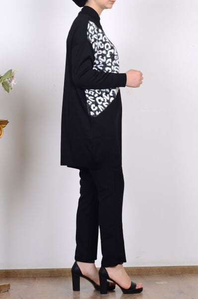 Armine 25YTD4109 Siyah Kadın Beyaz Leopar Desenli Yarım Balıkçı Yaka Triko Tunik