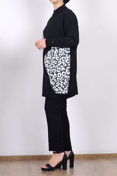 Armine 25YTD4109 Siyah Kadın Beyaz Leopar Desenli Yarım Balıkçı Yaka Triko Tunik
