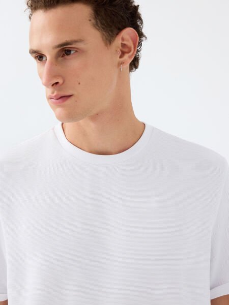 Loft 2039564 Beyaz ErkekTaktik Kollu Regular Fit Bisiklet Yaka T-Shirt