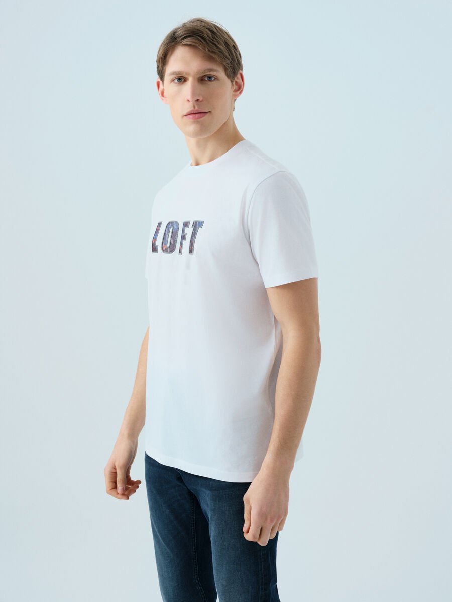 Loft LF2039006 Beyaz Erkek Loft Baskılı Bisiklet Yaka T-shirt