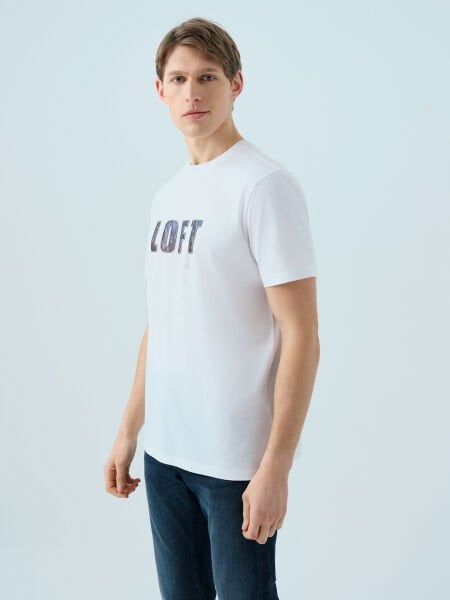 Loft LF2039006 Beyaz Erkek Loft Baskılı Bisiklet Yaka T-shirt