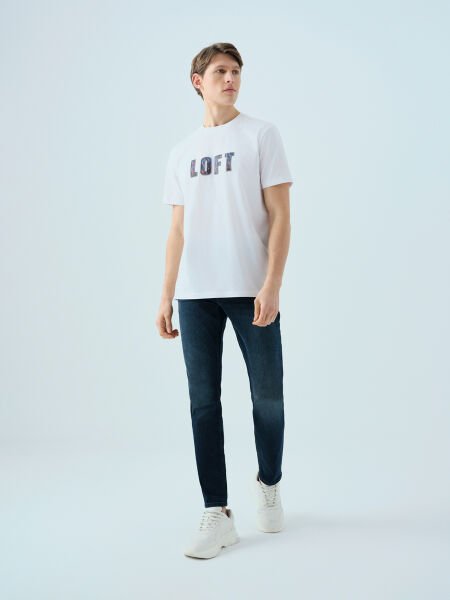 Loft LF2039006 Beyaz Erkek Loft Baskılı Bisiklet Yaka T-shirt