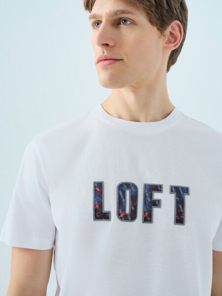 Loft LF2039006 Beyaz Erkek Loft Baskılı Bisiklet Yaka T-shirt