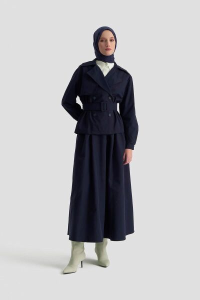 Armine 25YT619 Lacivert Kadın Önden Bağcıklı Etekli Trenç Ikili Takım