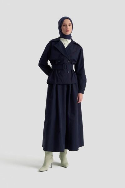 Armine 25YT619 Lacivert Kadın Önden Bağcıklı Etekli Trenç Ikili Takım