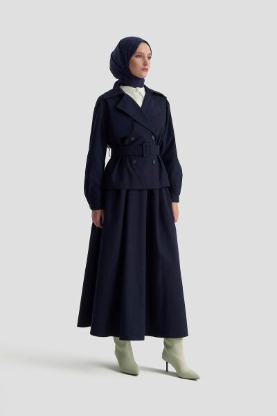 Armine 25YT619 Lacivert Kadın Önden Bağcıklı Etekli Trenç Ikili Takım