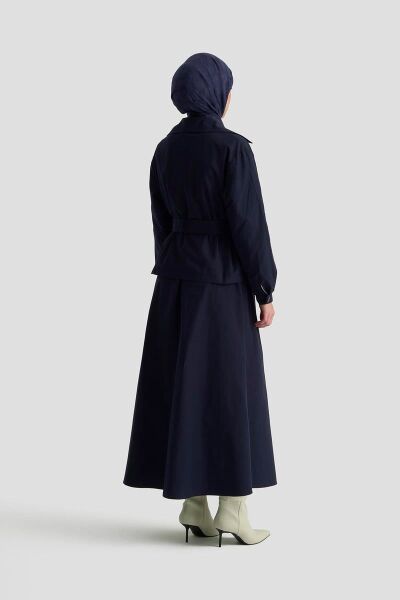 Armine 25YT619 Lacivert Kadın Önden Bağcıklı Etekli Trenç Ikili Takım