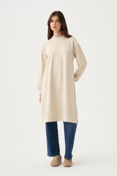 Allday B50299A0 Taş Kadın Pamuklu Nakışlı Uzun Tunik