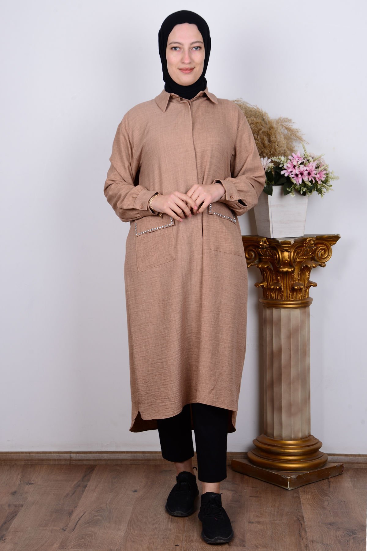 Tripen 2312 Camel Cepleri Taşlı Kadın Tunik