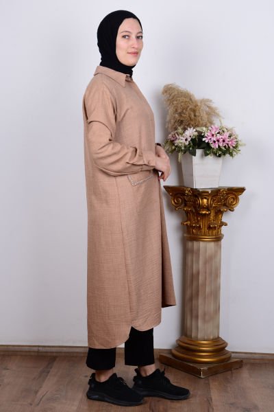 Tripen 2312 Camel Cepleri Taşlı Kadın Tunik