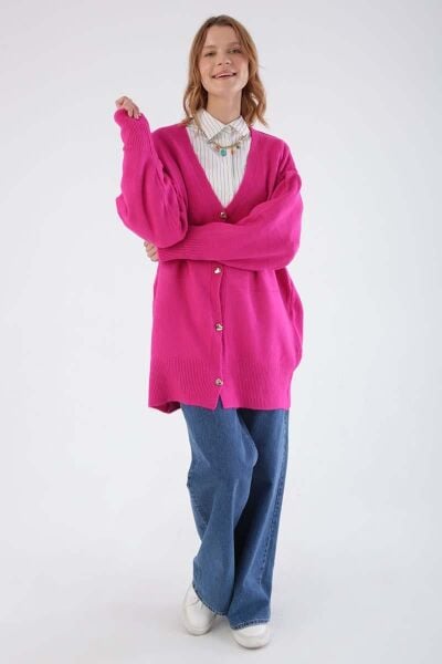 Allday 24TW93118AL0 Fuşya Kadın Kalpli Düğme Detaylı V Yaka Bilekleri Kalın Latikli Triko Hırka