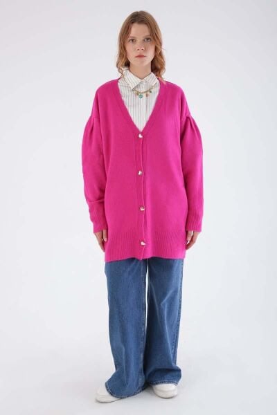 Allday 24TW93118AL0 Fuşya Kadın Kalpli Düğme Detaylı V Yaka Bilekleri Kalın Latikli Triko Hırka