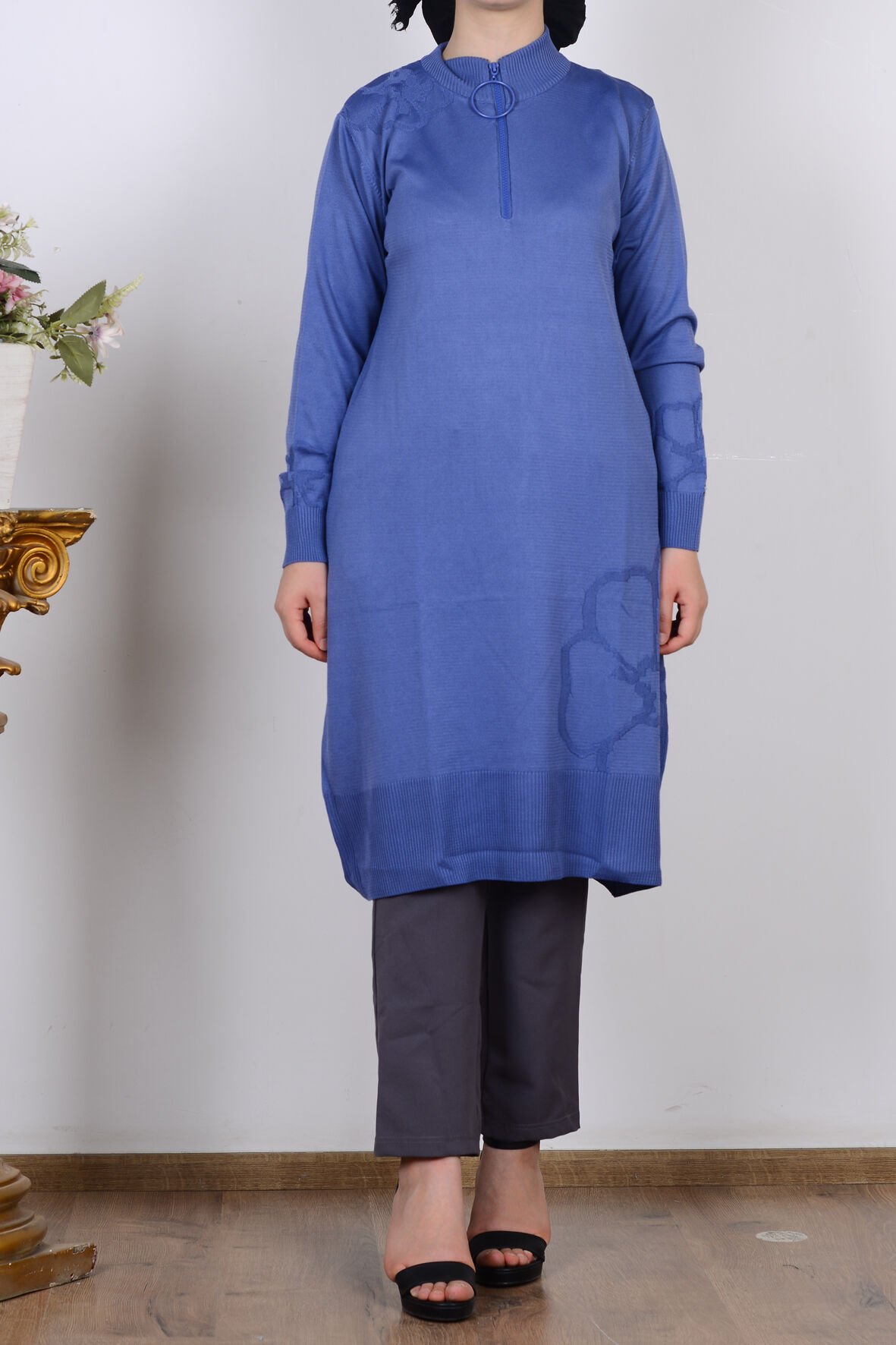 Armine 25YTD4111 İndigo Kadın Fermuar Detaylı Yarım Balıkçı Yaka Triko Tunik