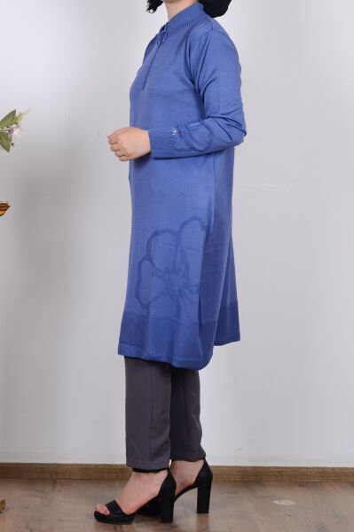 Armine 25YTD4111 İndigo Kadın Fermuar Detaylı Yarım Balıkçı Yaka Triko Tunik