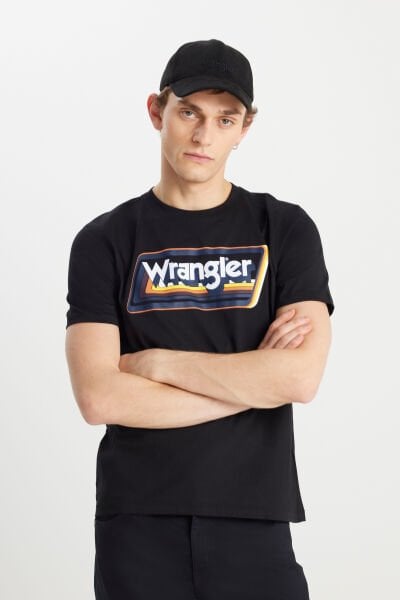 Wrangler W753EE001 Erkek Siyah Sarı Baskılı Bisiklet Yaka T-shirt