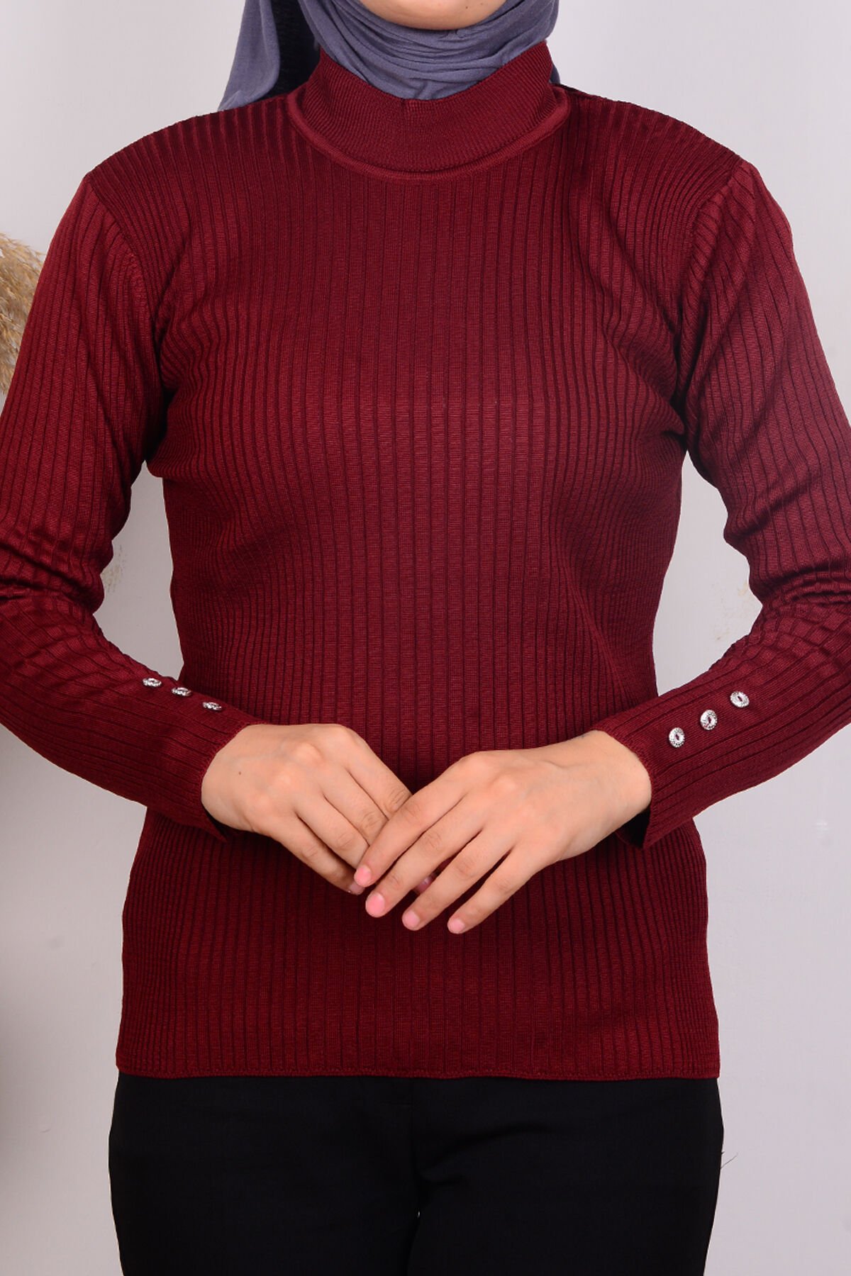 Armine 24KTD300 Bordo Kadın Bisiklet Yaka Kolları Düğme Detaylı Dik Çizgili Triko Bluz
