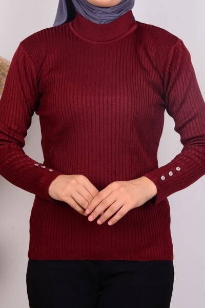Armine 24KTD300 Bordo Kadın Bisiklet Yaka Kolları Düğme Detaylı Dik Çizgili Triko Bluz