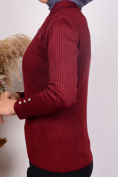 Armine 24KTD300 Bordo Kadın Bisiklet Yaka Kolları Düğme Detaylı Dik Çizgili Triko Bluz