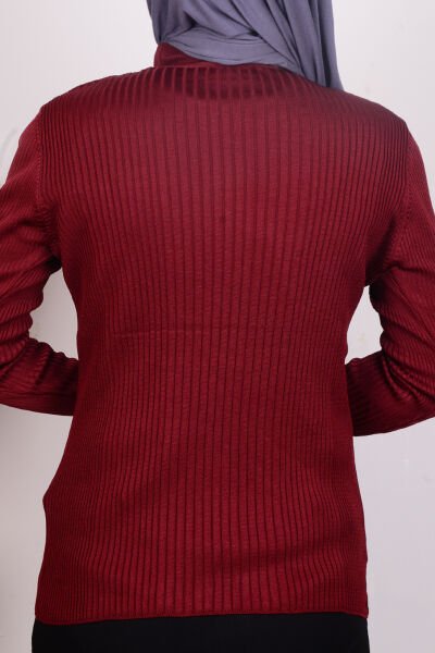Armine 24KTD300 Bordo Kadın Bisiklet Yaka Kolları Düğme Detaylı Dik Çizgili Triko Bluz