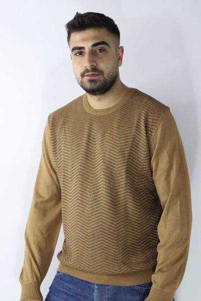 Morven 22KC017007 Erkek Camel Bisiklet Yaka Çizgi Desen Triko Kazak
