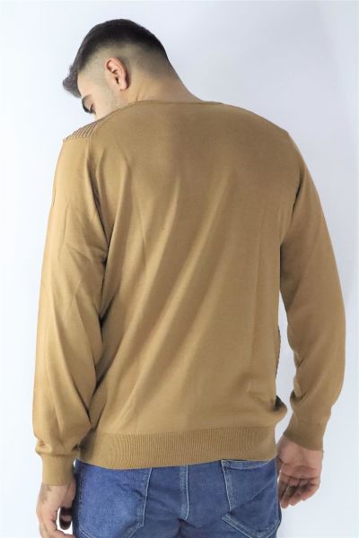 Morven 22KC017007 Erkek Camel Bisiklet Yaka Çizgi Desen Triko Kazak