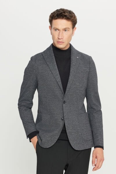 Altınyıldız ACE004261359 Siyah Erkek Pamuklu Slim Fit Dar Kesim Kırlangıç Yaka Diagonal Desenli Blazer Ceket