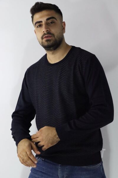 Morven 22KC017007 Erkek Lacivert Bisiklet Yaka Çizgi Desen Triko Kazak