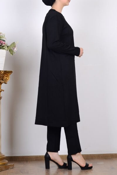 Armine 25YTD4132 Siyah Kadın Düğme Detaylı Desenli Triko Hırka