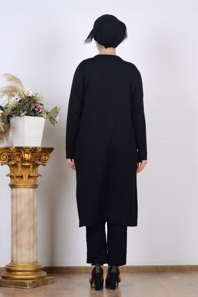 Armine 25YTD4132 Siyah Kadın Düğme Detaylı Desenli Triko Hırka