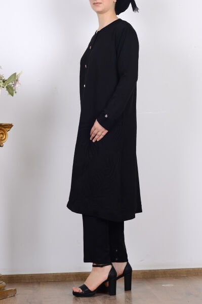 Armine 25YTD4132 Siyah Kadın Düğme Detaylı Desenli Triko Hırka