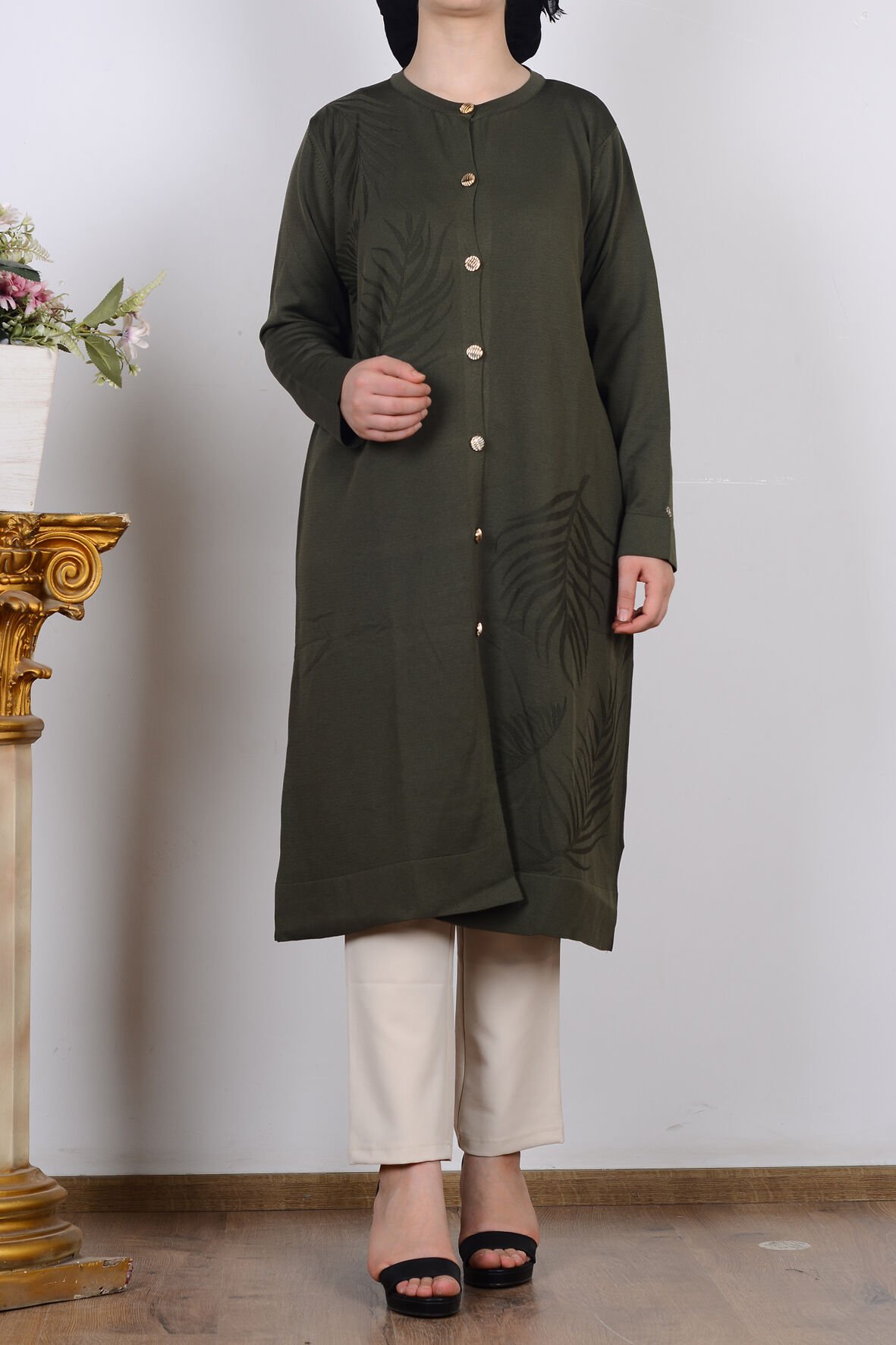 Armine 25YTD4132 Haki Kadın Düğme Detaylı Desenli Triko Hırka