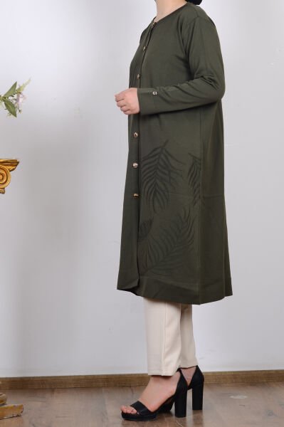 Armine 25YTD4132 Haki Kadın Düğme Detaylı Desenli Triko Hırka