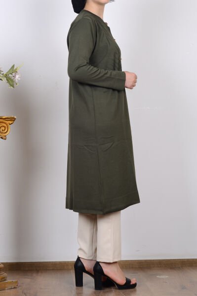 Armine 25YTD4132 Haki Kadın Düğme Detaylı Desenli Triko Hırka