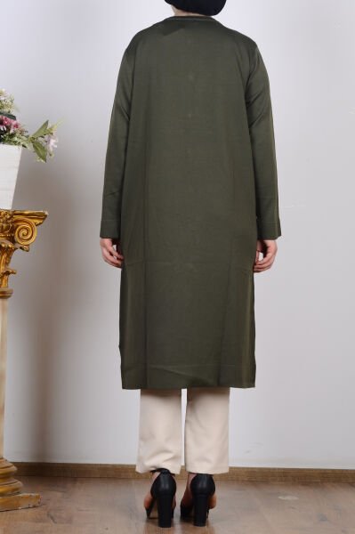 Armine 25YTD4132 Haki Kadın Düğme Detaylı Desenli Triko Hırka