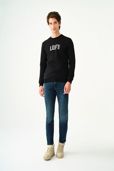 Loft 2037697 Siyah Erkek Üç İplik Bisiklet Yaka Beyaz Logolu Sweat