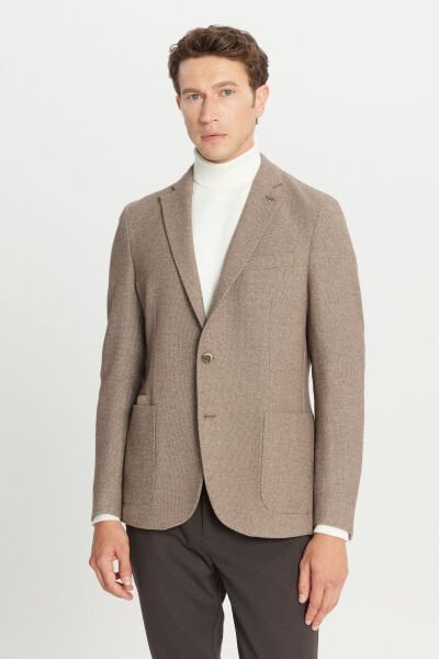 Altınyıldız ACE004261241 Bej Erkek Yünlü Slim Fit Dar Kesim Mono Yaka Torba Cepli Esnek Ceket