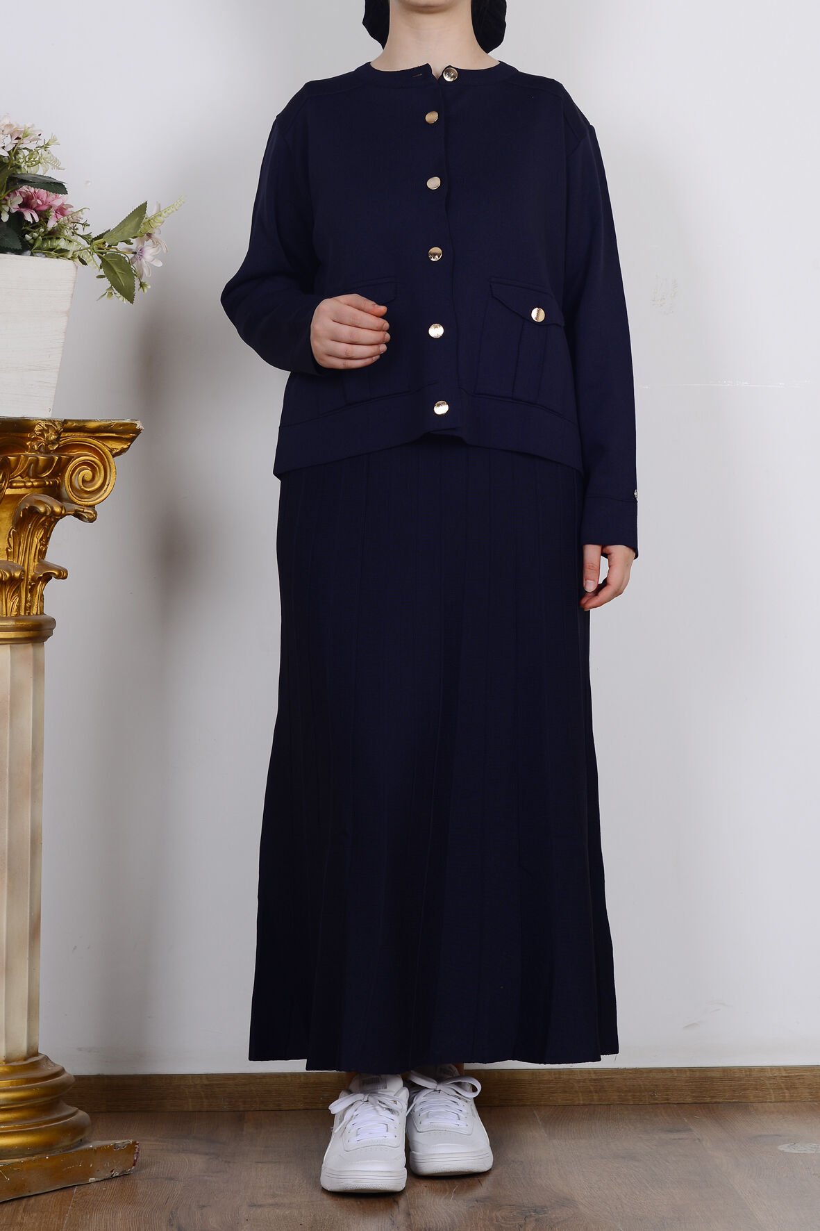 Armine 25YTD6120 Lacivert Kadın Cep Detaylı Etekli Triko Takım