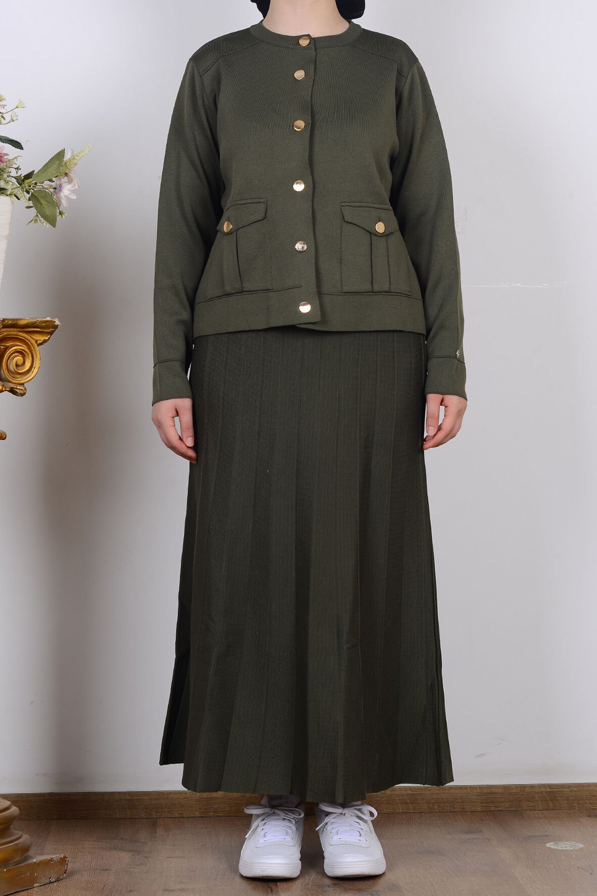 Armine 25YTD6120 Haki Kadın Cep Detaylı Etekli Triko Takım