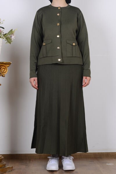 Armine 25YTD6120 Haki Kadın Cep Detaylı Etekli Triko Takım