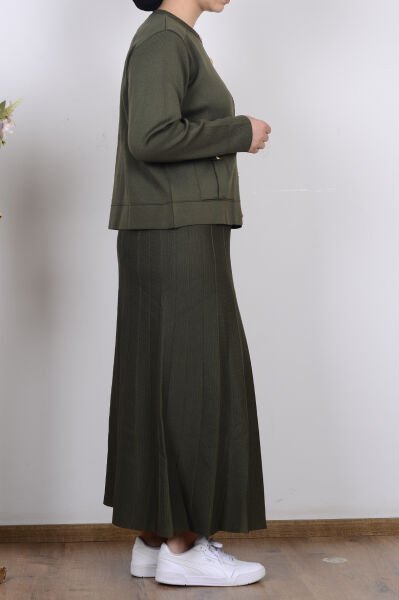 Armine 25YTD6120 Haki Kadın Cep Detaylı Etekli Triko Takım