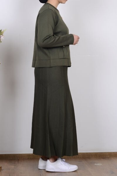 Armine 25YTD6120 Haki Kadın Cep Detaylı Etekli Triko Takım