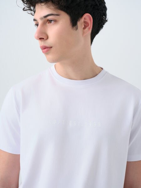 Loft 2039590 Beyaz Erkek Yazı Detaylı Bisiklet Yaka T-Shirt