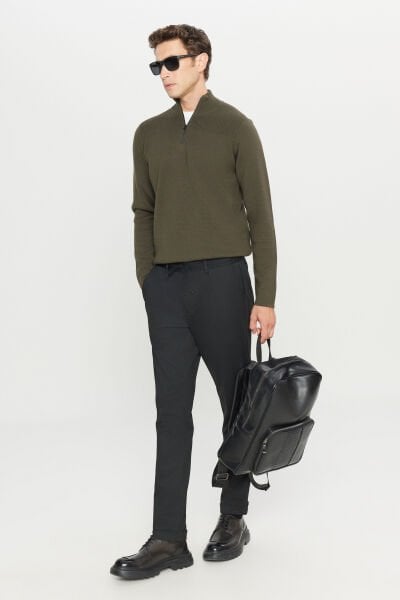 Altınyıldız ACE049261230 Haki Melanj Bato Yaka Yarım Fermuarlı Standart Fit Triko Kazak