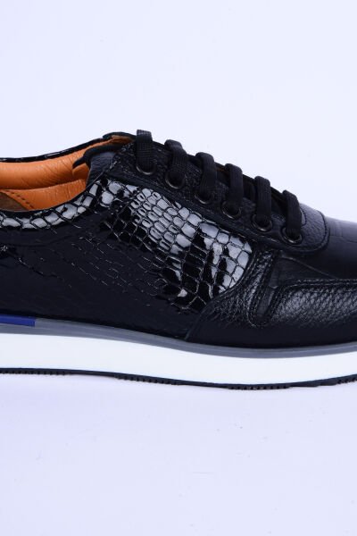 New Onix 1253 Deri Desenli Rahat Taban Bağcıklı Siyah Günlük Erkek Ayakkabı